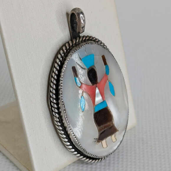Native American Zuni by Jays Mother Of Pearl Inlay Pendant Dancing Kachina 925 - Picture 2 of 5